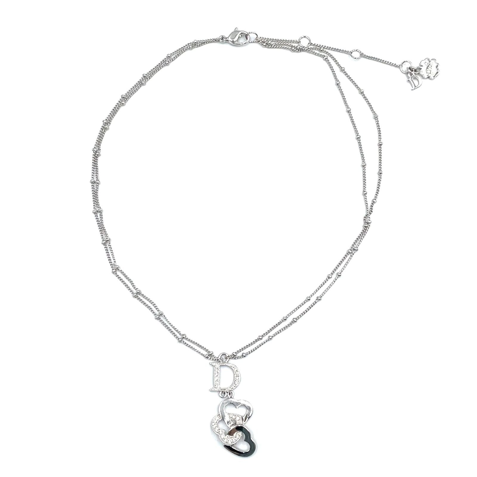 Dior D Logo Triple Strand Heart Double Chain Metal Color Stone Clear Silver — view 3