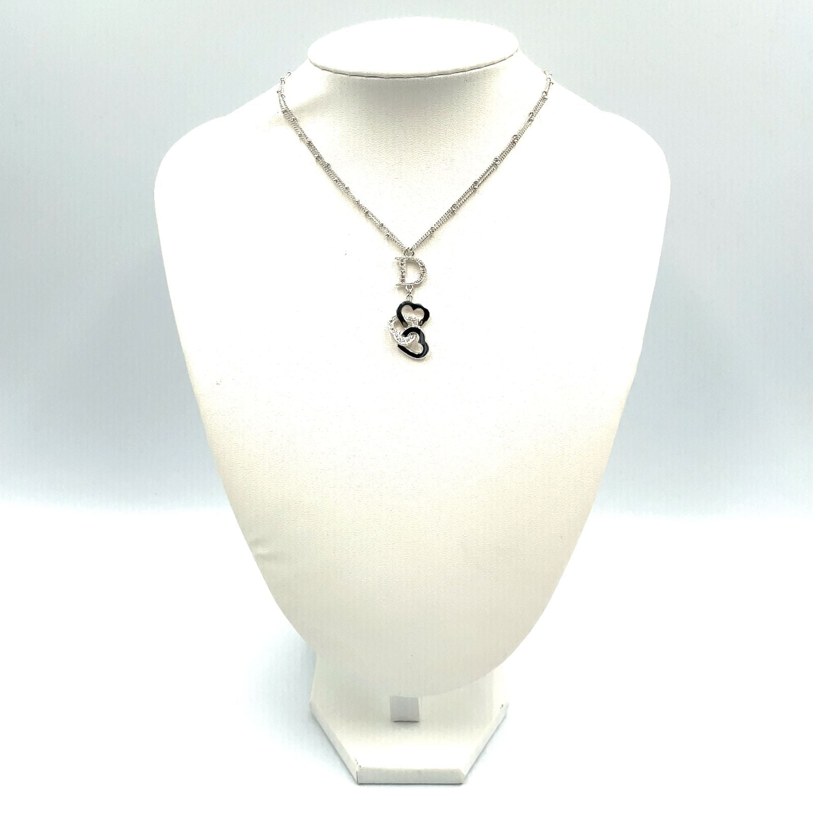 Dior D Logo Triple Strand Heart Double Chain Metal Color Stone Clear Silver — view 9