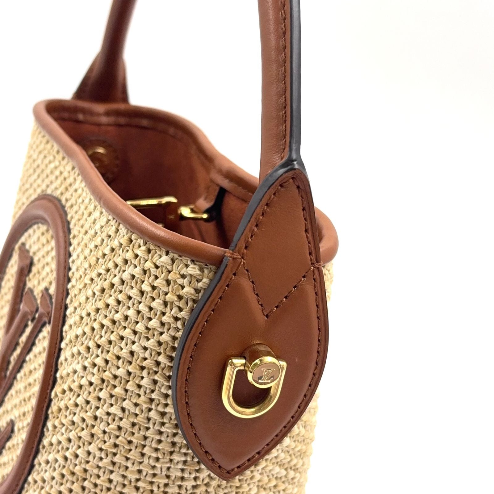 Louis Vuitton Petite Bucket Shoulder Bag Leather Raffia Brown Light Beige Gold — view 6