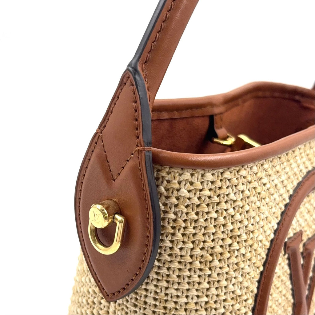 Louis Vuitton Petite Bucket Shoulder Bag Leather Raffia Brown Light Beige Gold — view 7