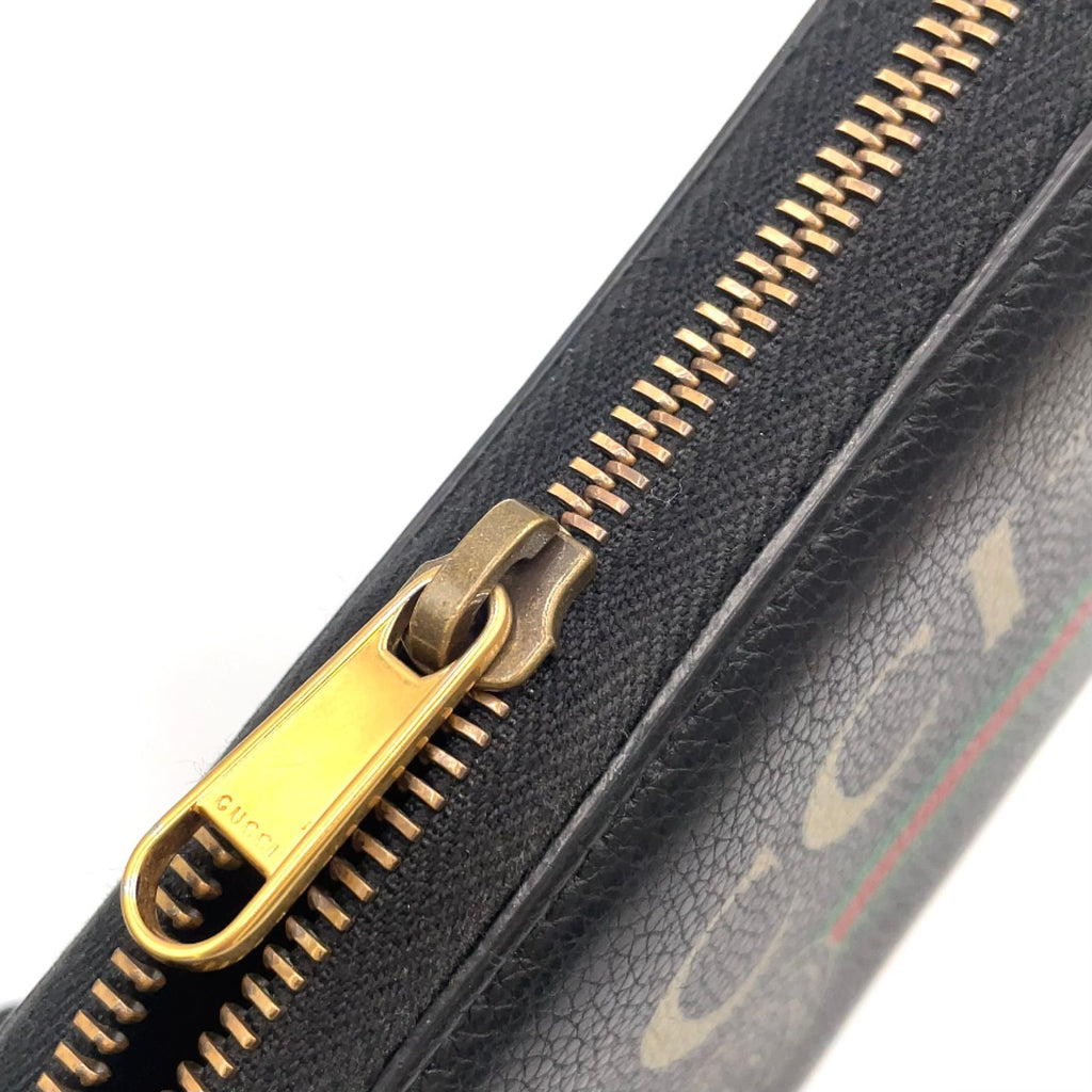 Gucci Logo Print Zip Around Leather Green Black Red Wallet Gold — view 9