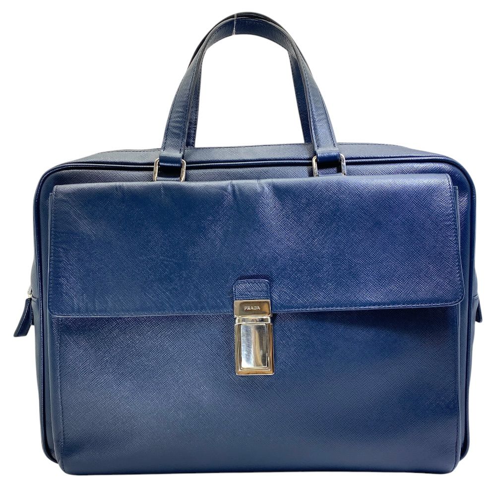 Prada Business Briefcase Triangle Logo Saffiano Leather Navy Silver Practical