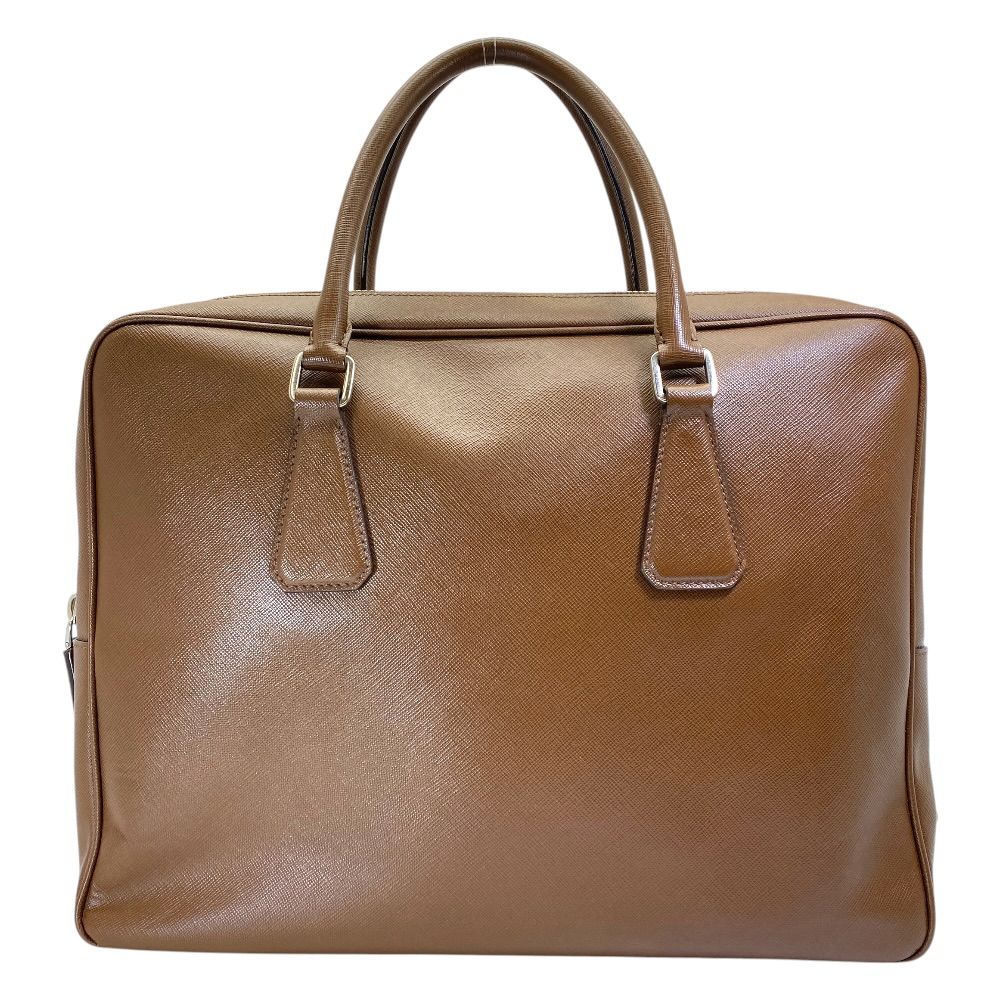 Prada Business Briefcase Handbag Triangle Logo Saffiano Leather Brown Silver