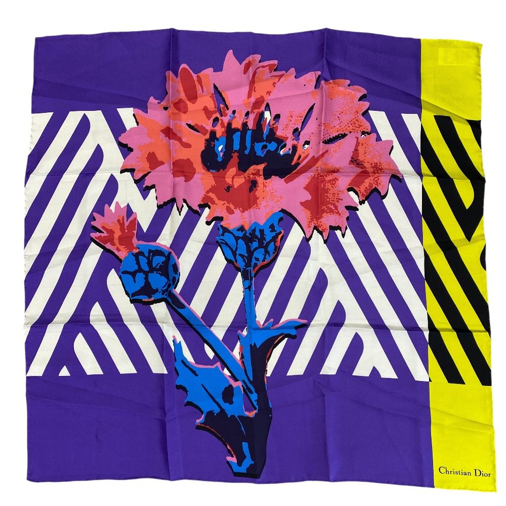 Dior Scarf Shawl D-flower Pop Silk 100% Purple Yellow Pink Gorgeous Feminine