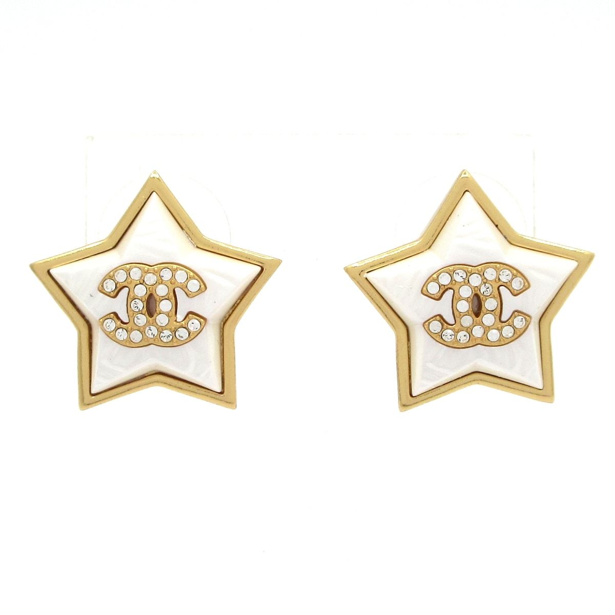 Chanel Earrings CC Logo White Gold Clear Star