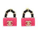 Chanel Earrings Leather Pink Gold Black Quilted Bag Motif