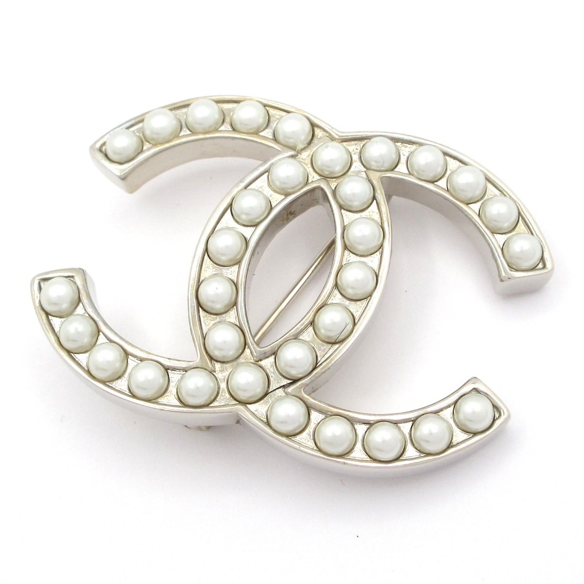 Chanel Brooch CC Logo Silver White