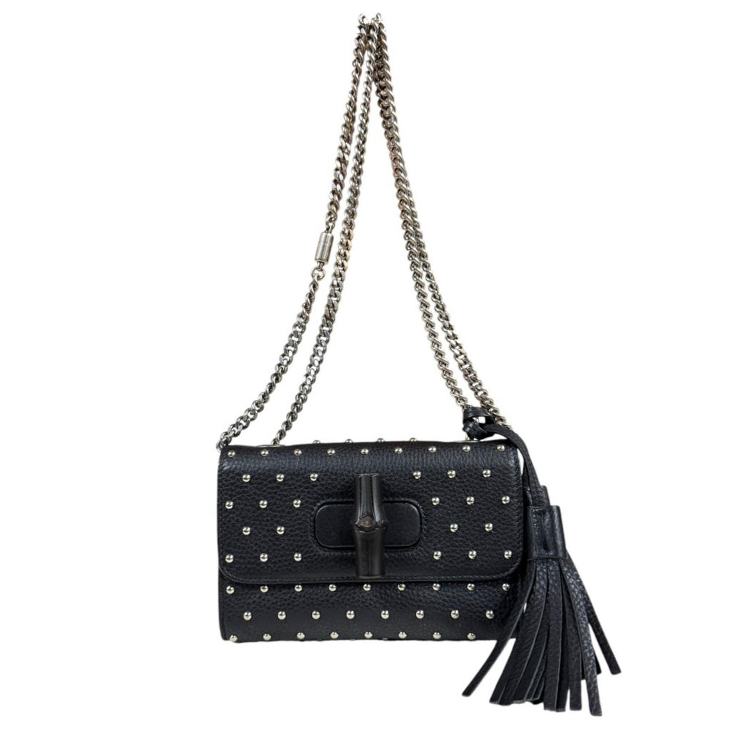 Gucci Studs Bamboo Shoulder Bag Leather Black