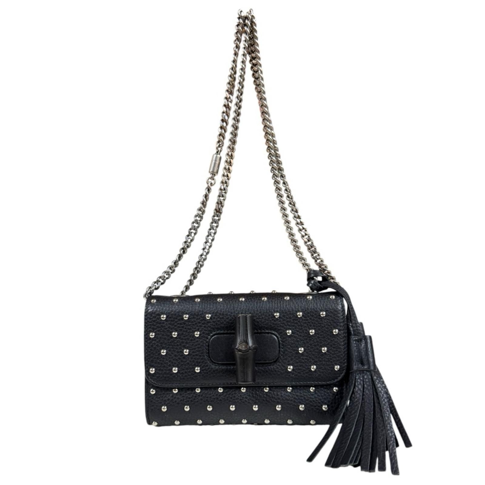 Gucci Studs Bamboo Shoulder Bag Leather Black