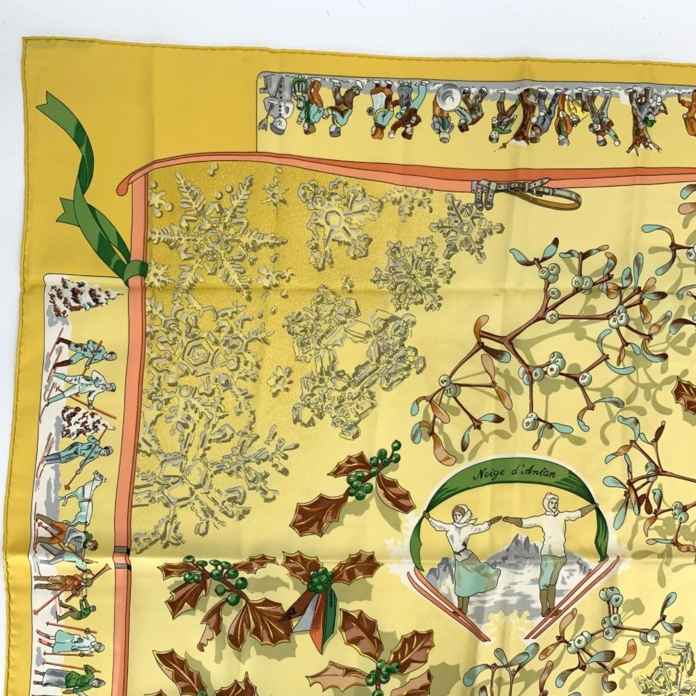 Hermes Carre 90 Neige D'antan Last Year's Snow Yellow Christmas Silk Scarf — view 2