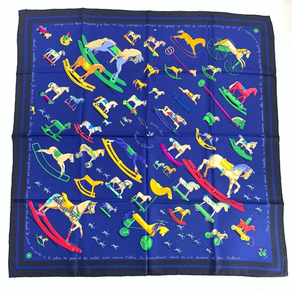 Hermes Carre 90 Raconte Moi le Cheval Talking About Horses Navy Scarf Silk
