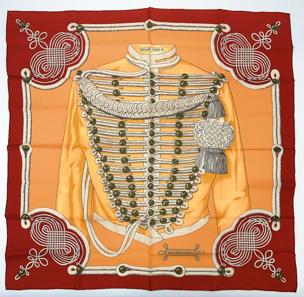 Hermes Carre 90 Brandebourgs Red Yellow Scarf Silk