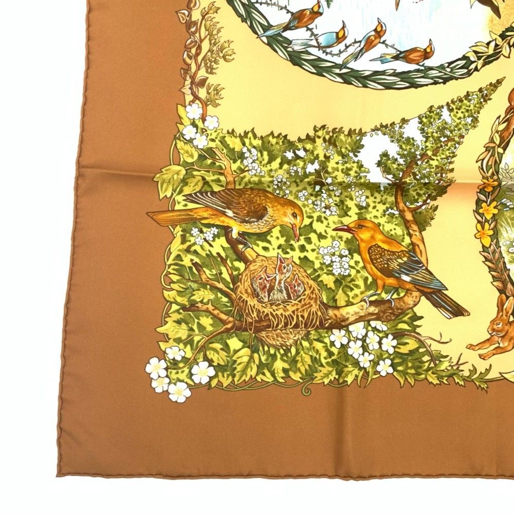 Hermes Carre 90 les Quatre Saisons Four Seasons Brown Animal Flower Scarf Silk — view 4