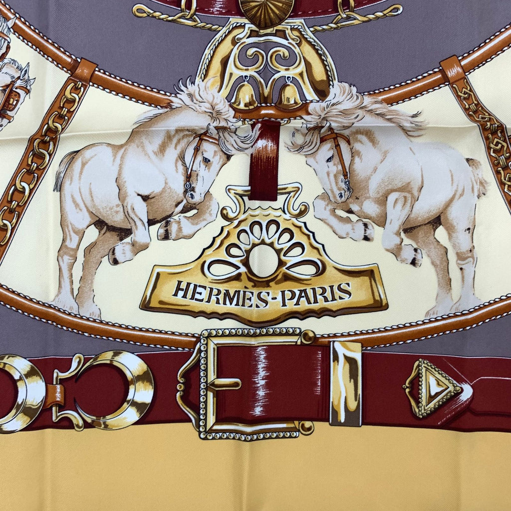Hermes Carre 90 Chevaux de Trait Yellow Scarf Silk 100% with Special Paper — view 8