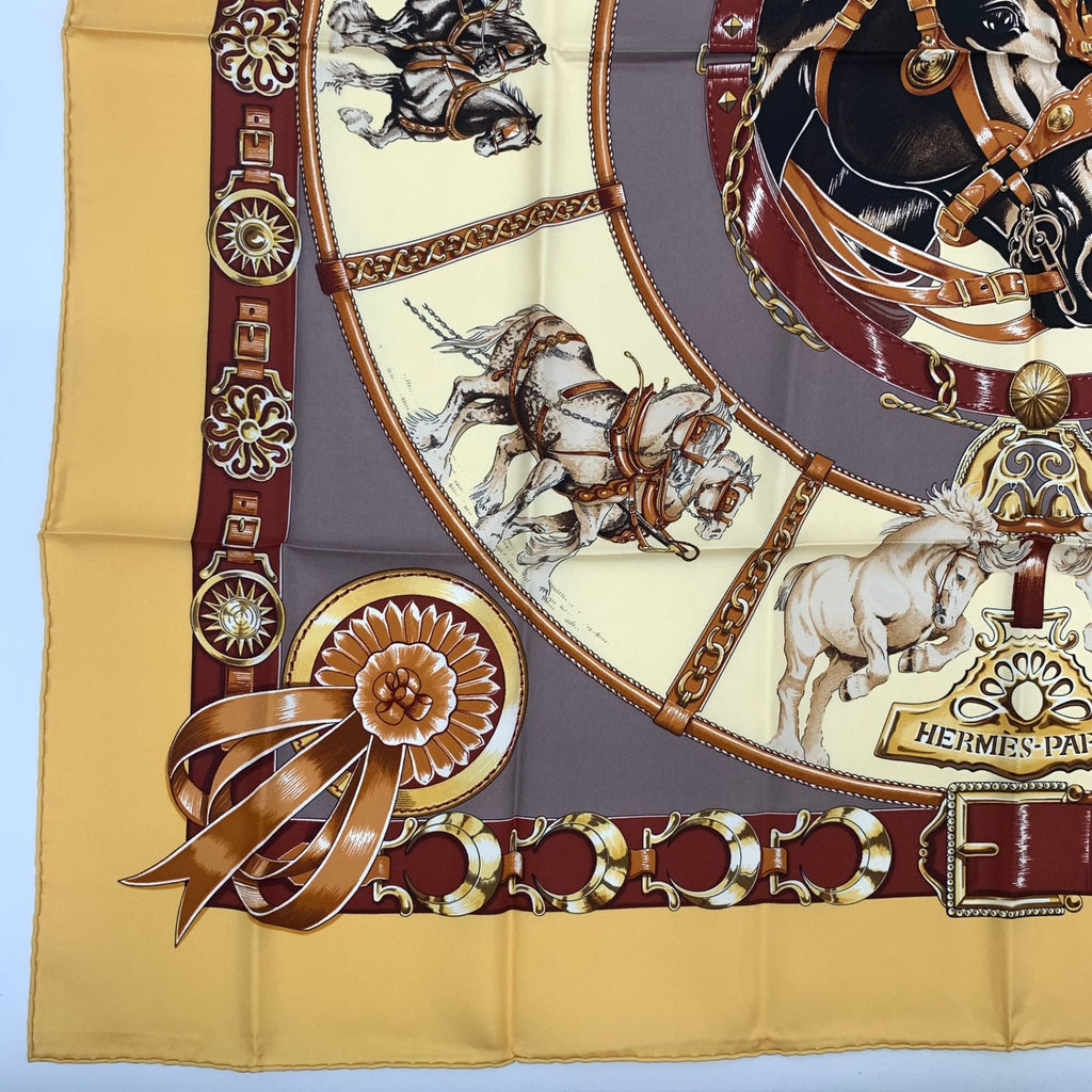 Hermes Carre 90 Chevaux de Trait Yellow Scarf Silk 100% with Special Paper — view 6