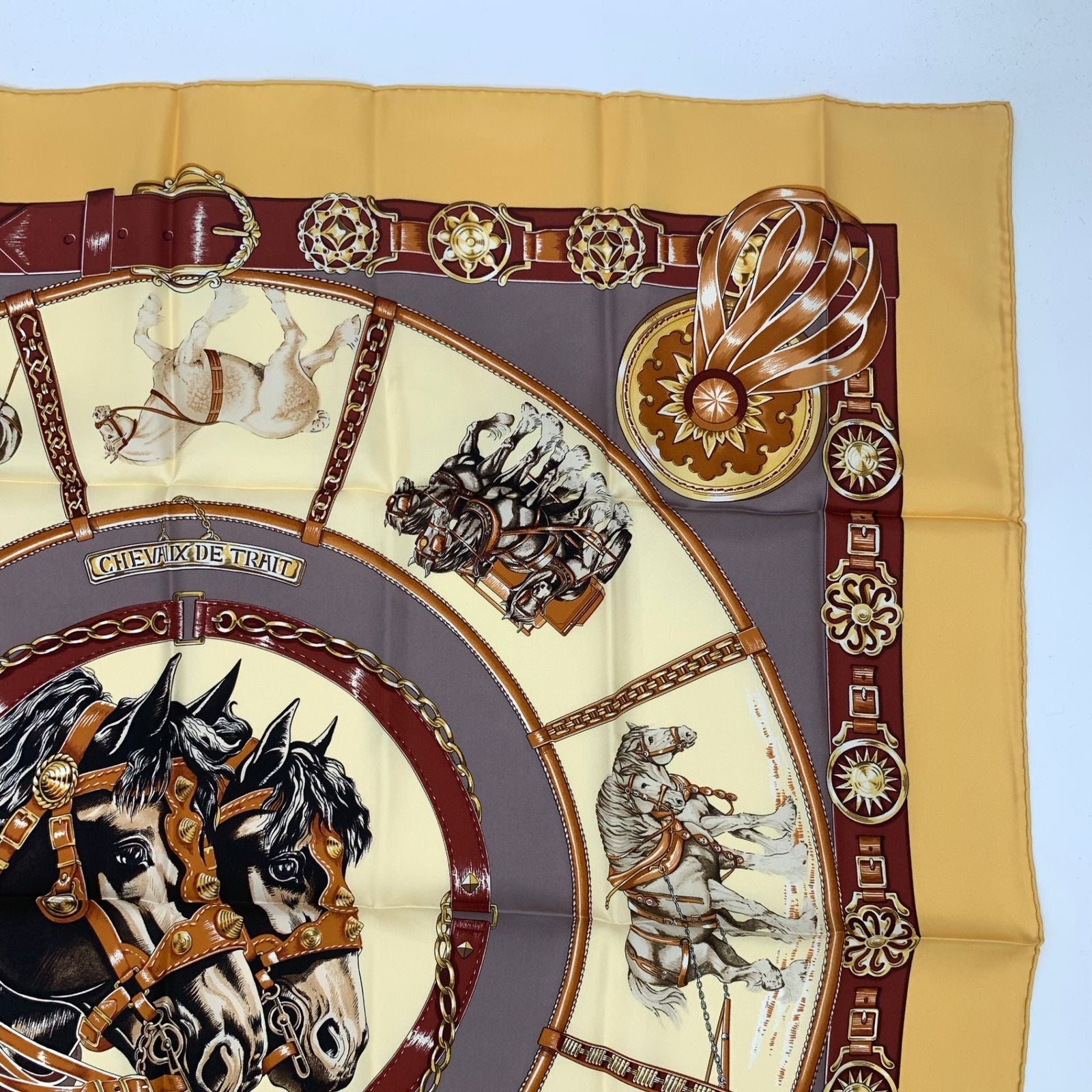 Hermes Carre 90 Chevaux de Trait Yellow Scarf Silk 100% with Special Paper — view 4
