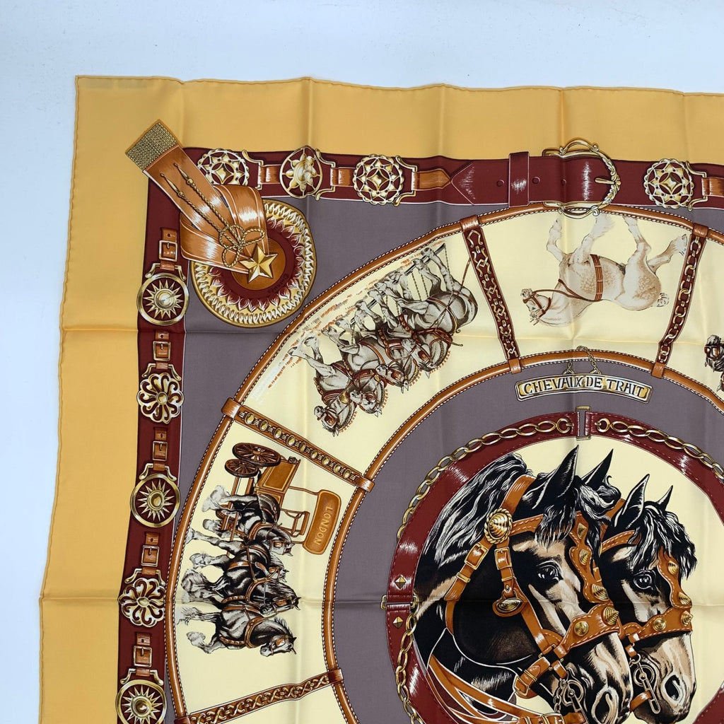 Hermes Carre 90 Chevaux de Trait Yellow Scarf Silk 100% with Special Paper — view 3
