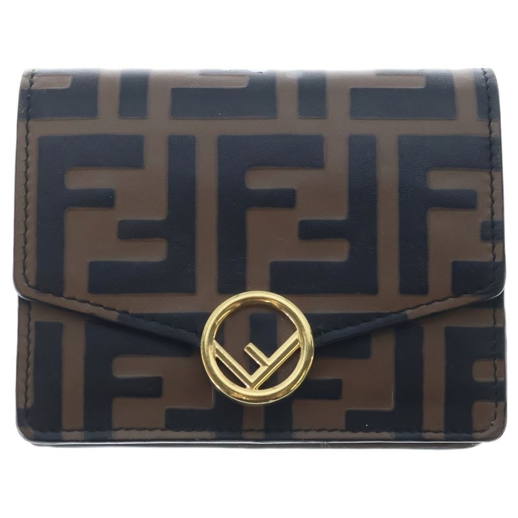 Fendi Compact Wallet Trifold Coin Case Brown Black Leather Gold
