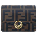 Fendi Compact Wallet Trifold Coin Case Brown Black Leather Gold