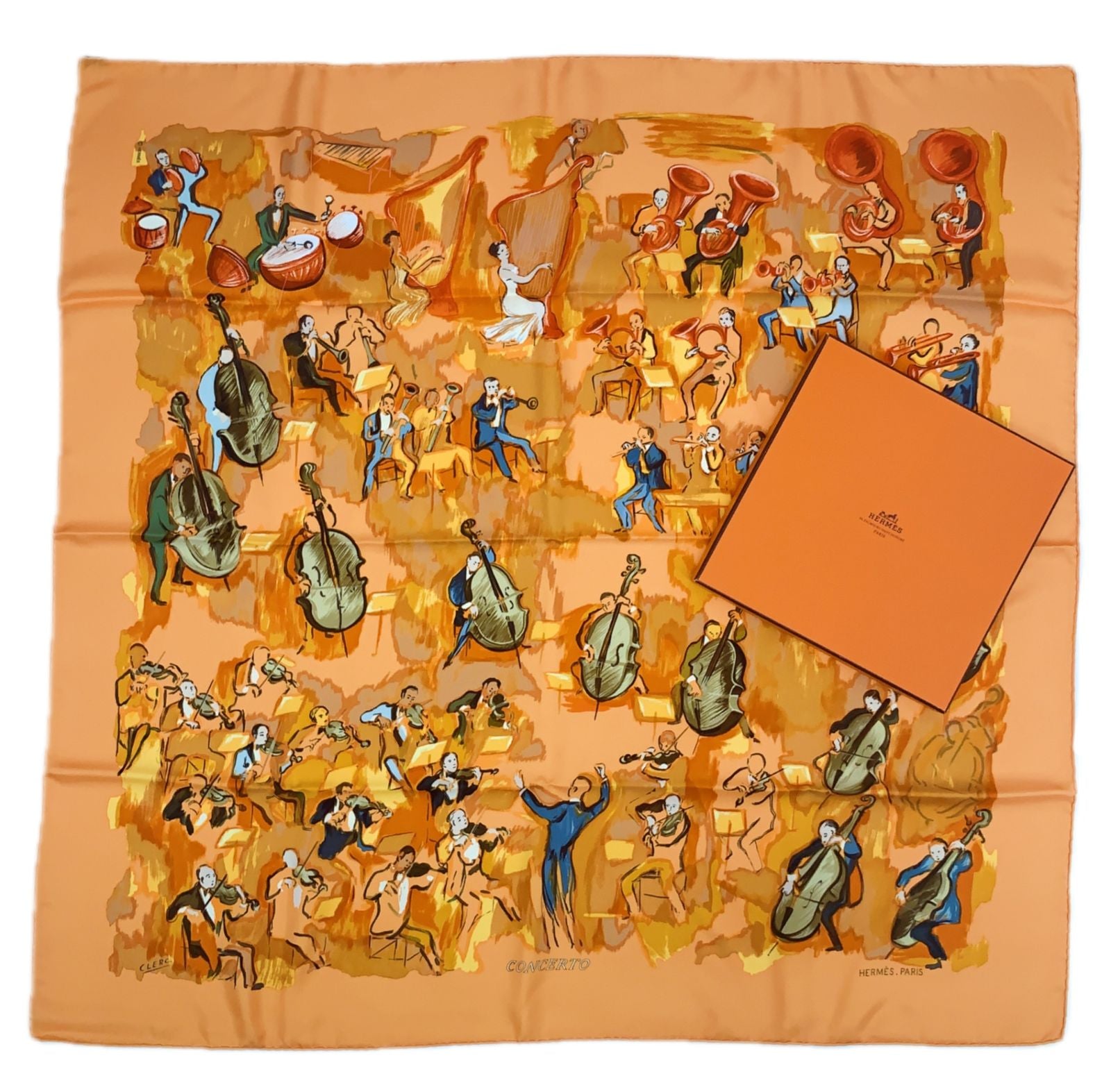 Hermes Carre 90 Concerto Orange Silk 100% Scarf