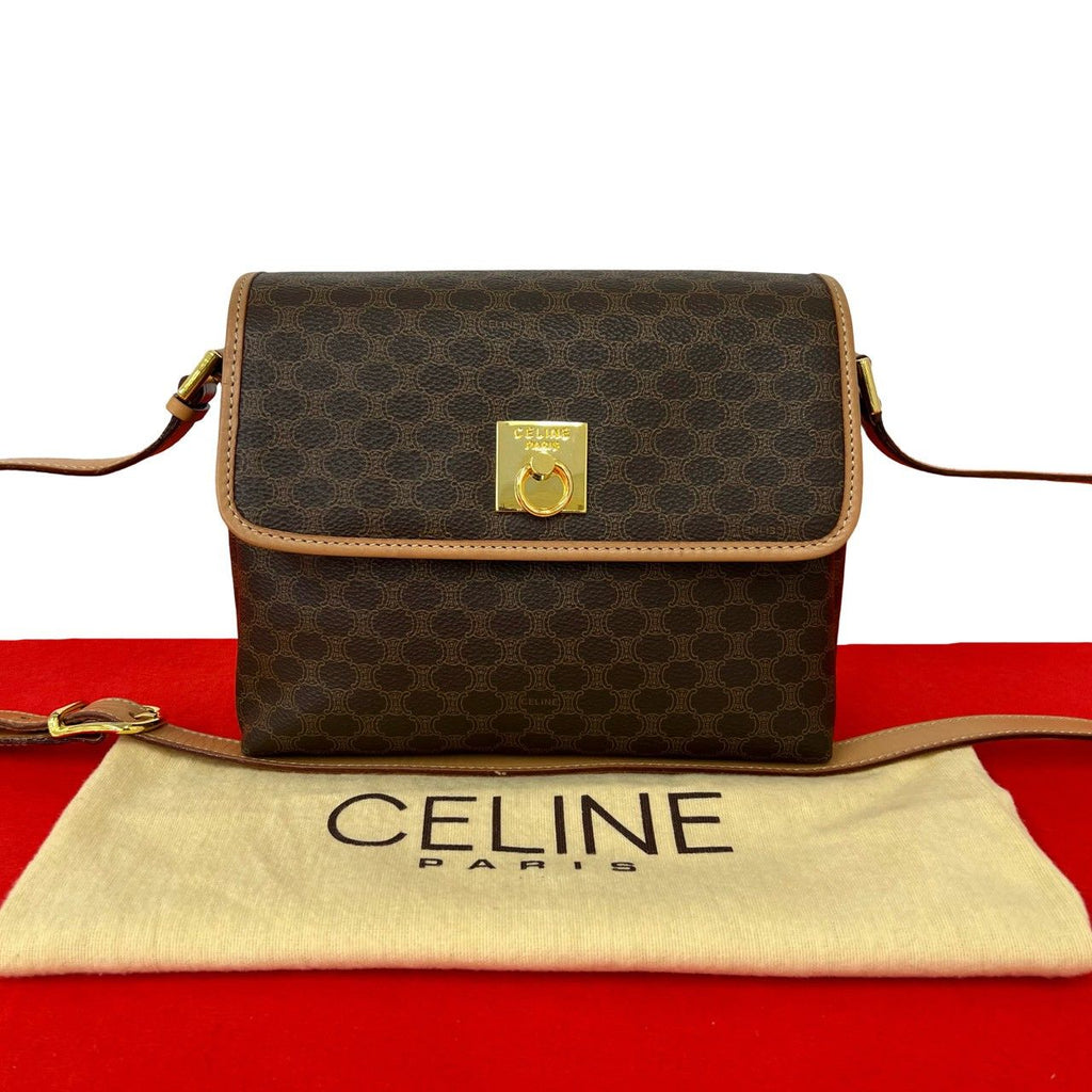 Celine Vintage Macadam Pattern Logo Ring Leather Shoulder Bag Pochette Brown