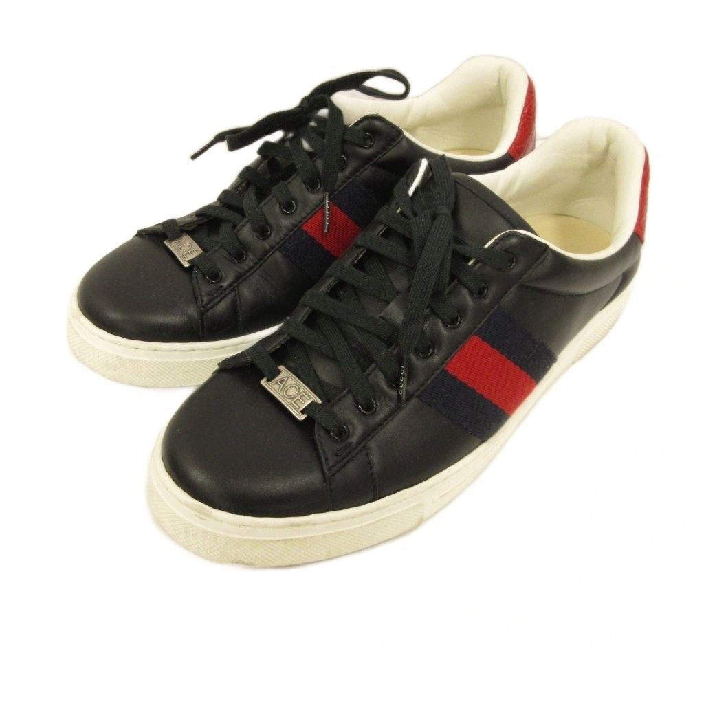 Gucci Ace Web Stripe Sneakers Leather 8 Black — view 2