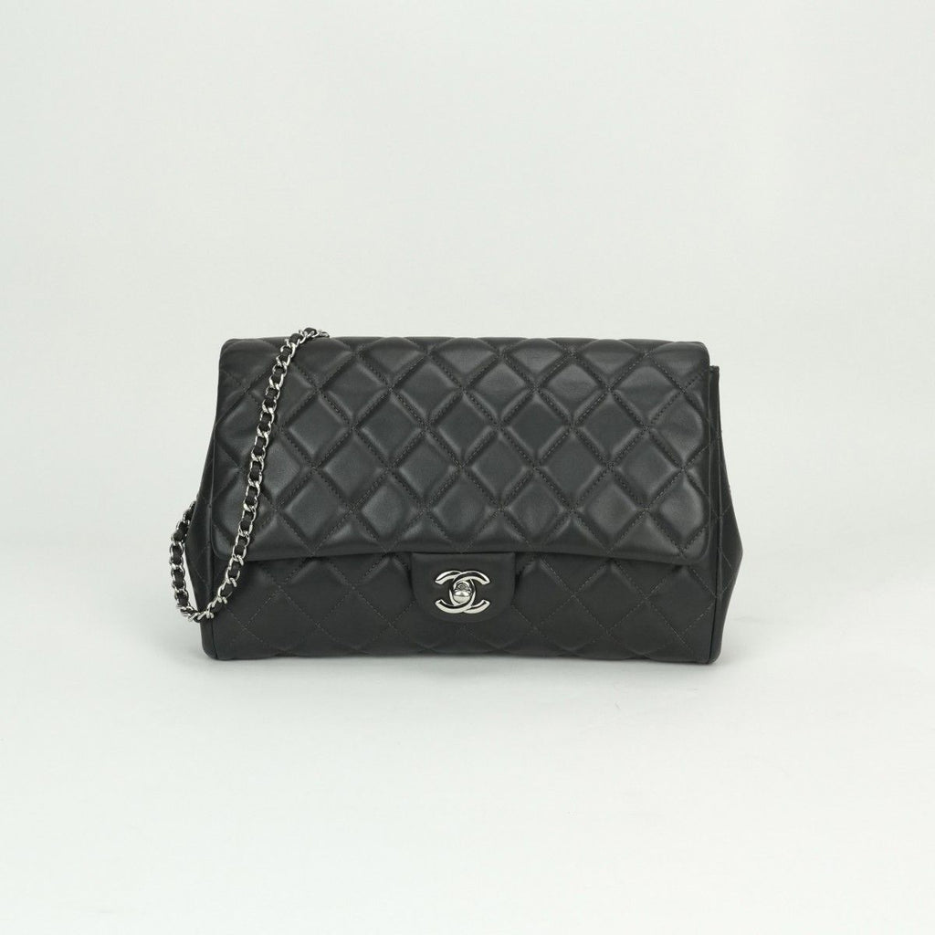 Chanel Quilted Shoulder Bag Lambskin Gray Silver CC Logo Turnlock Double Flap