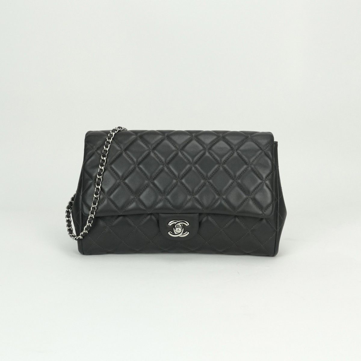 Chanel Quilted Shoulder Bag Lambskin Gray Silver CC Logo Turnlock Double Flap