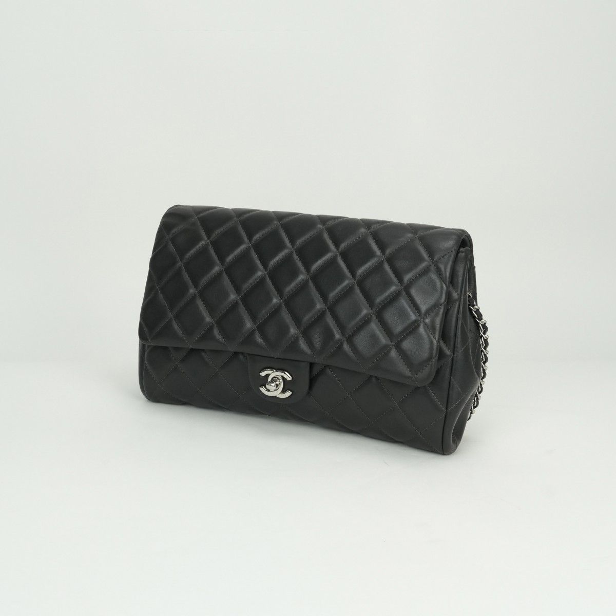 Chanel Quilted Shoulder Bag Lambskin Gray Silver CC Logo Turnlock Double Flap — view 2