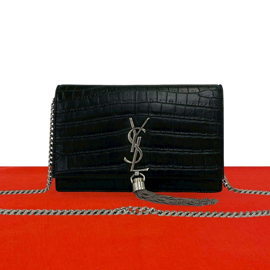 Saint Laurent Paris YSL Logo Leather Chain Mini Shoulder Bag Pochette Black