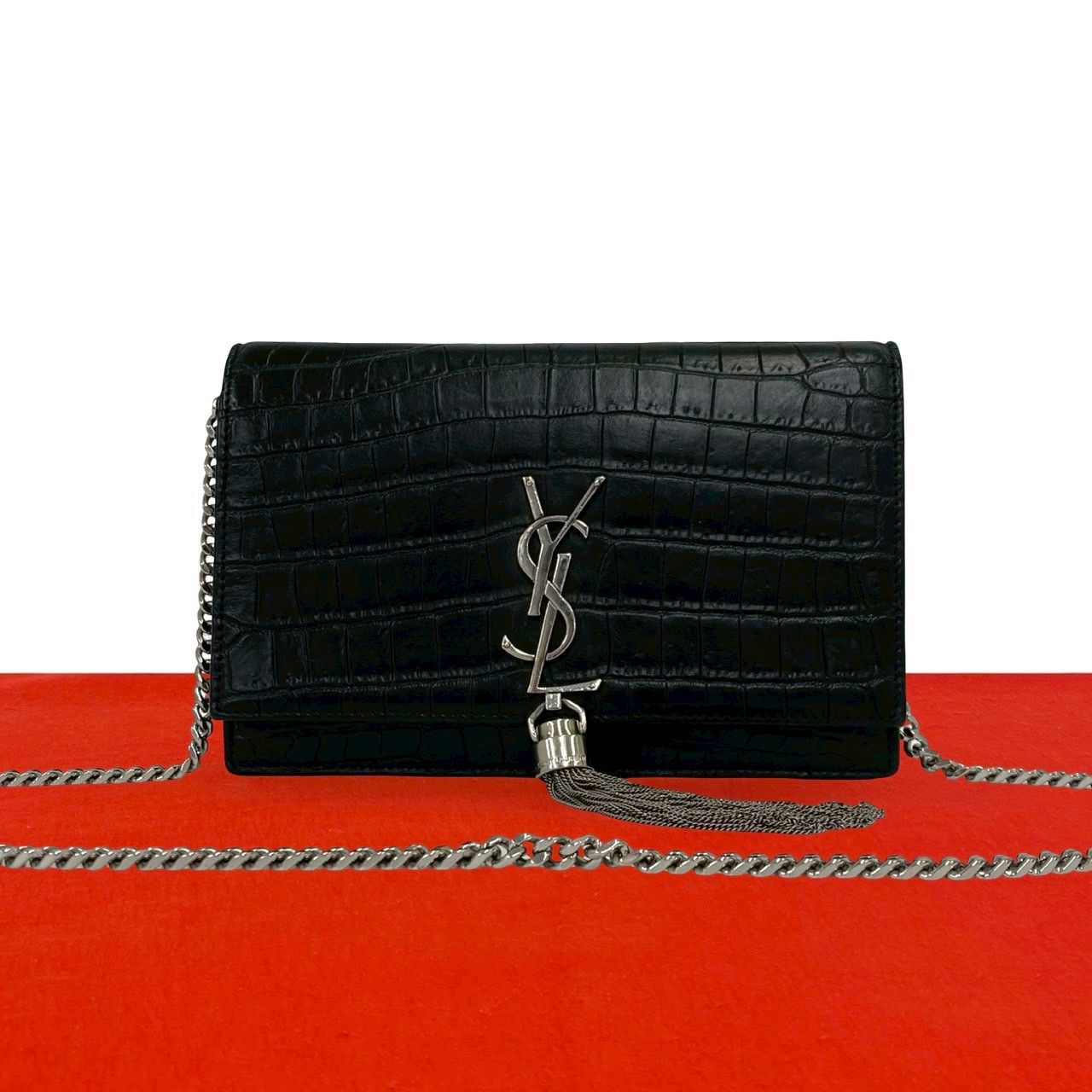 Saint Laurent Paris YSL Logo Leather Chain Mini Shoulder Bag Pochette Black