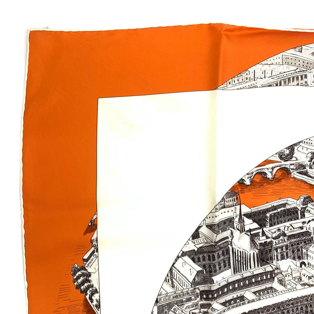 Hermes Carre 90 Regarde Paris View of Scarf Orange — view 3