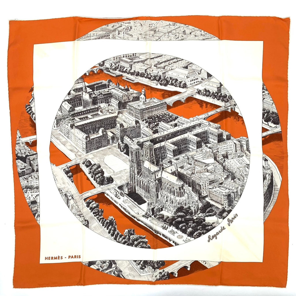 Hermes Carre 90 Regarde Paris View of Scarf Orange — view 2
