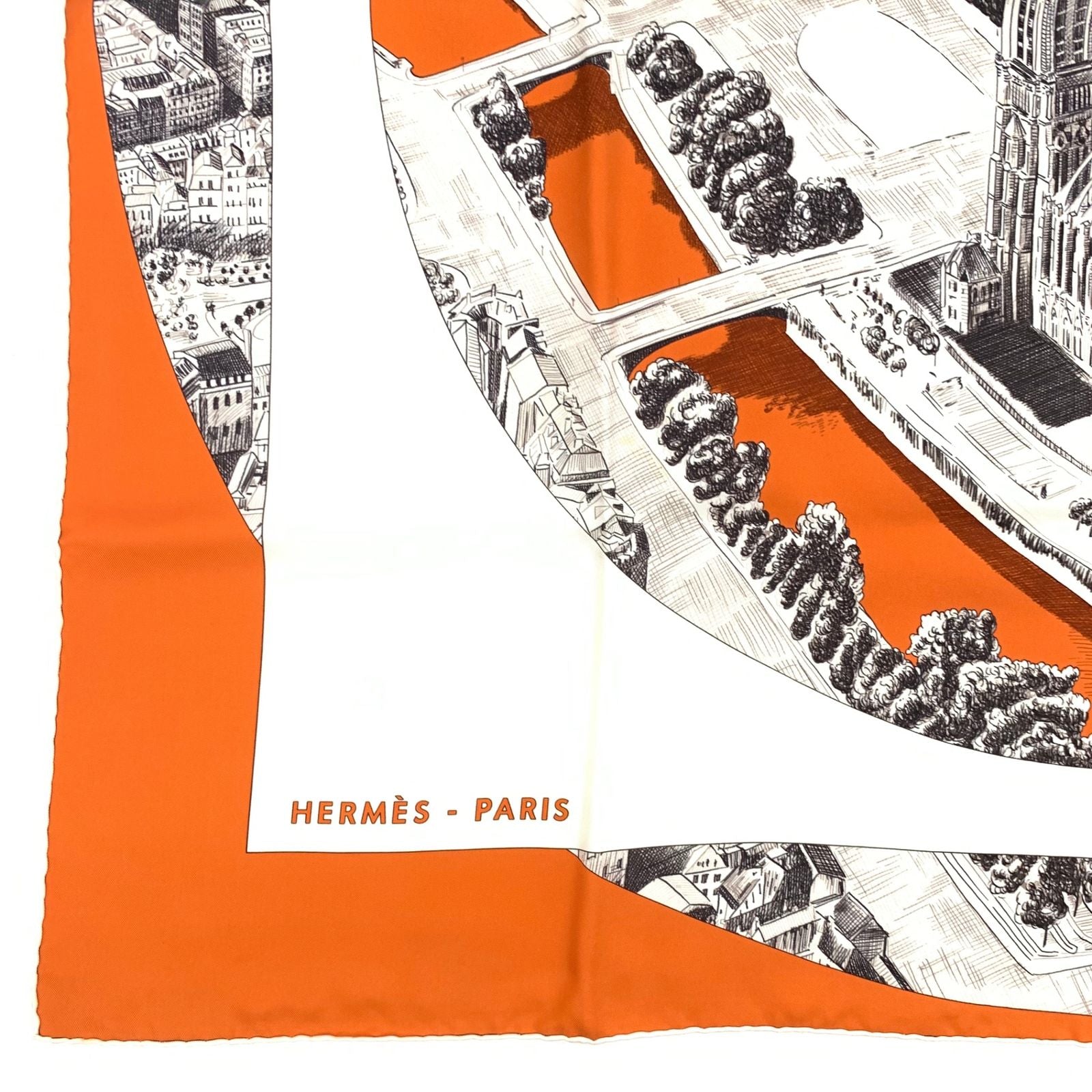 Hermes Carre 90 Regarde Paris View of Scarf Orange — view 6