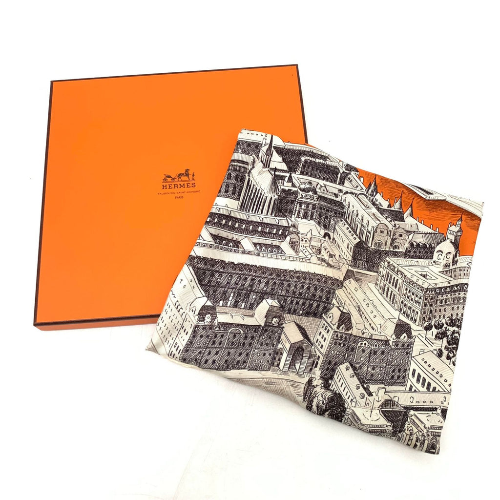 Hermes Carre 90 Regarde Paris View of Scarf Orange — view 9