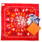 Hermes Carre 90 Boogie Woogie Gray Pearl Silk Scarf Red Orange