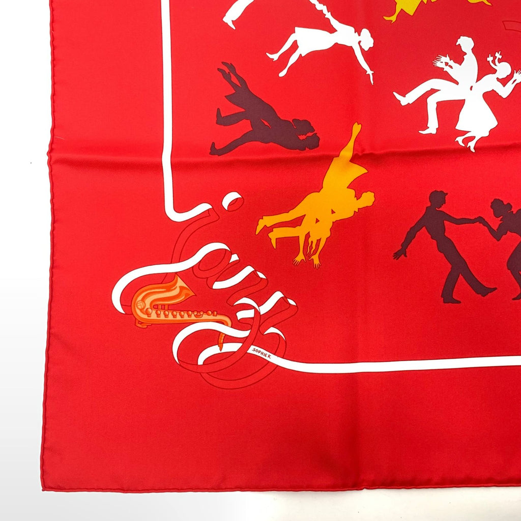 Hermes Carre 90 Boogie Woogie Gray Pearl Silk Scarf Red Orange — view 7