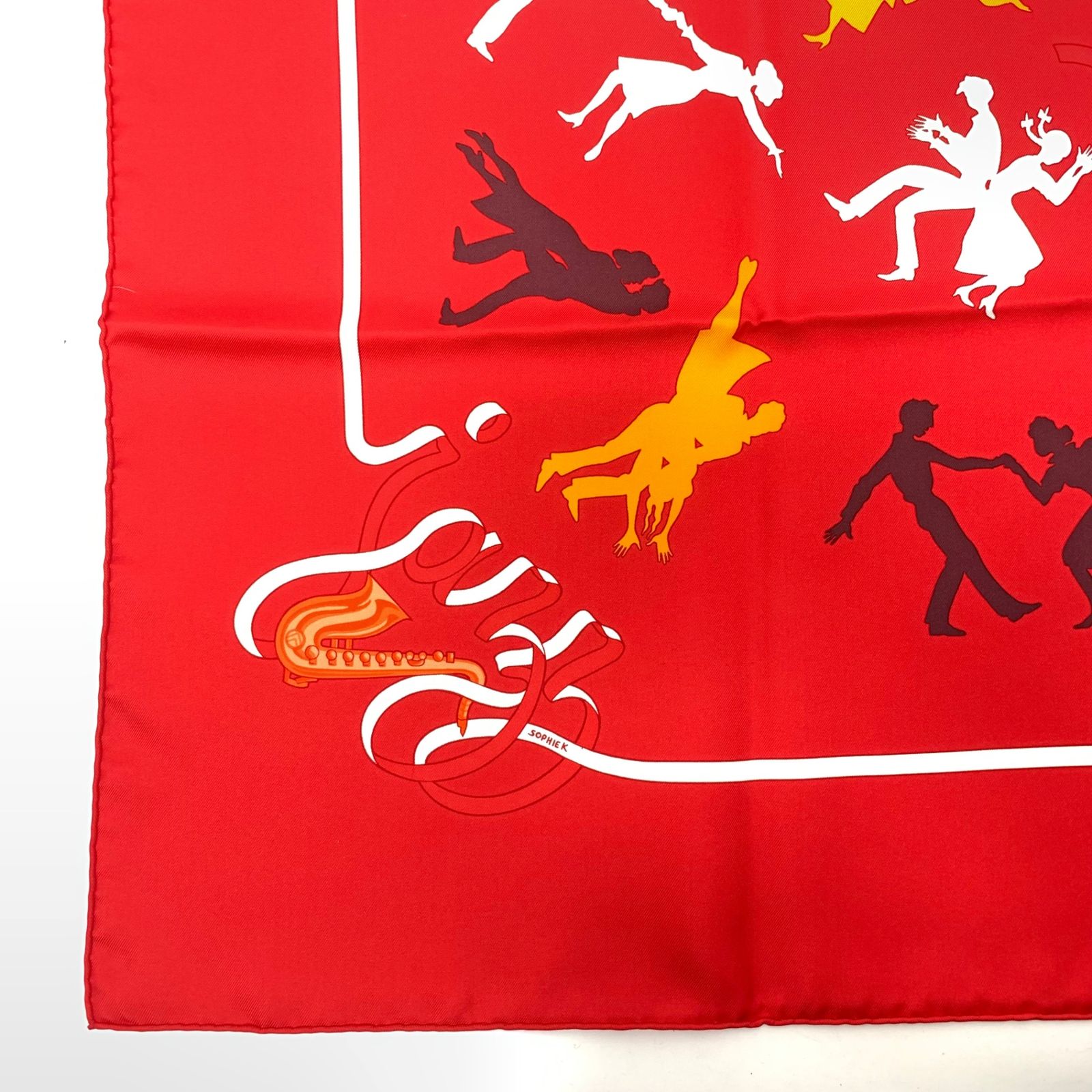Hermes Carre 90 Boogie Woogie Gray Pearl Silk Scarf Red Orange — view 7