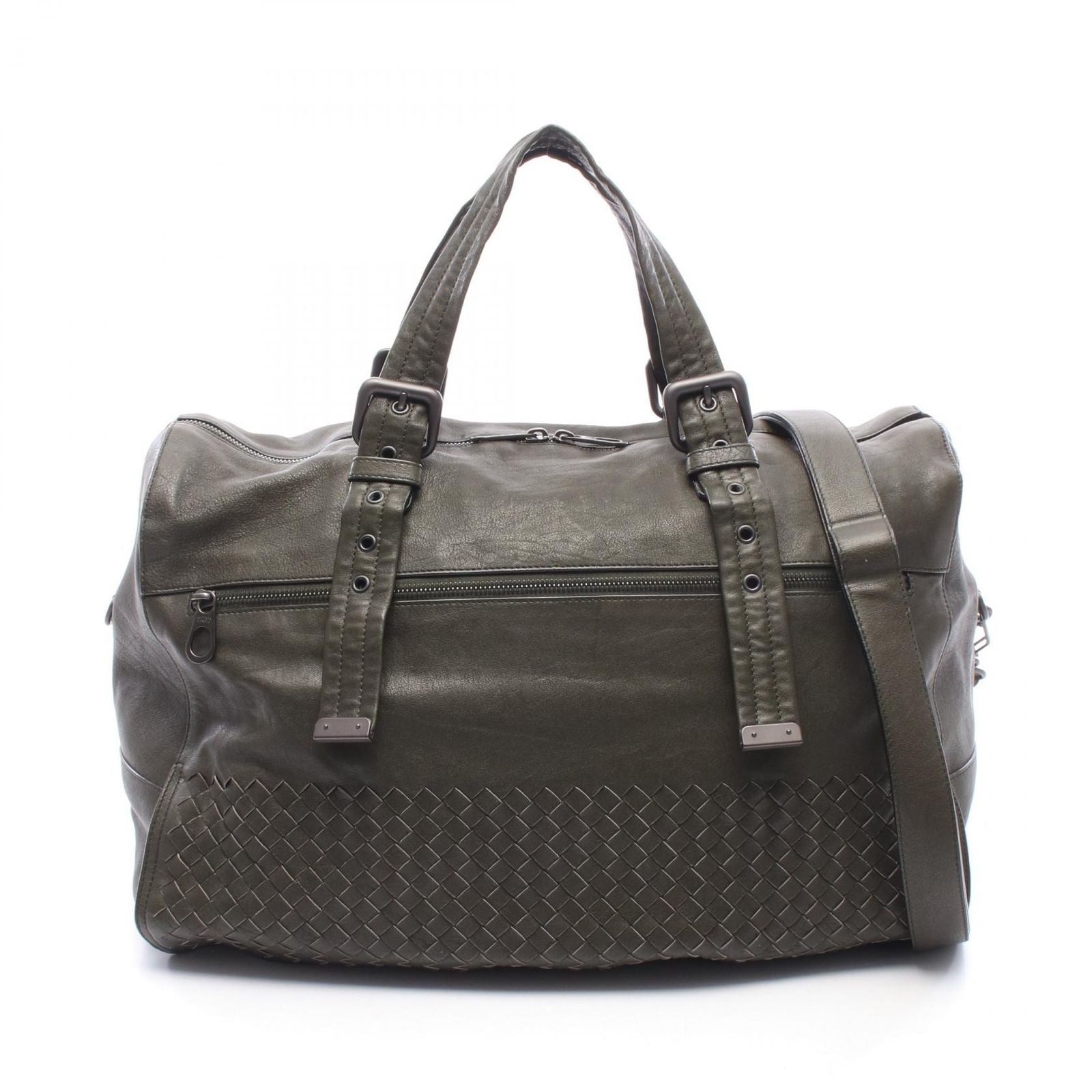 Bottega Veneta Boston Bag Intrecciato 2-Way Dark Khaki Leather