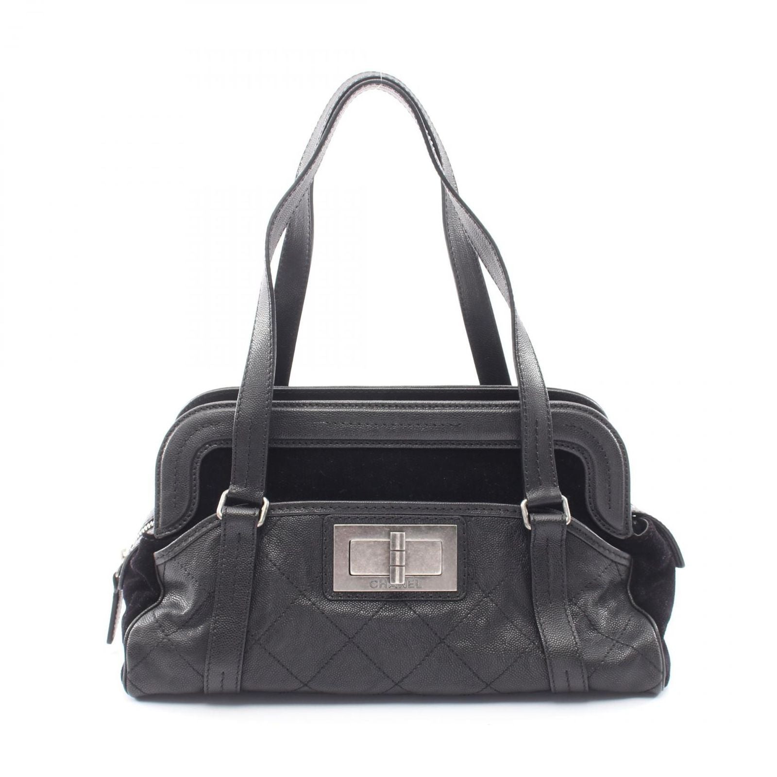 Chanel Shoulder Bag Quilted 2.55 Antique Silver Black Caviar Leather