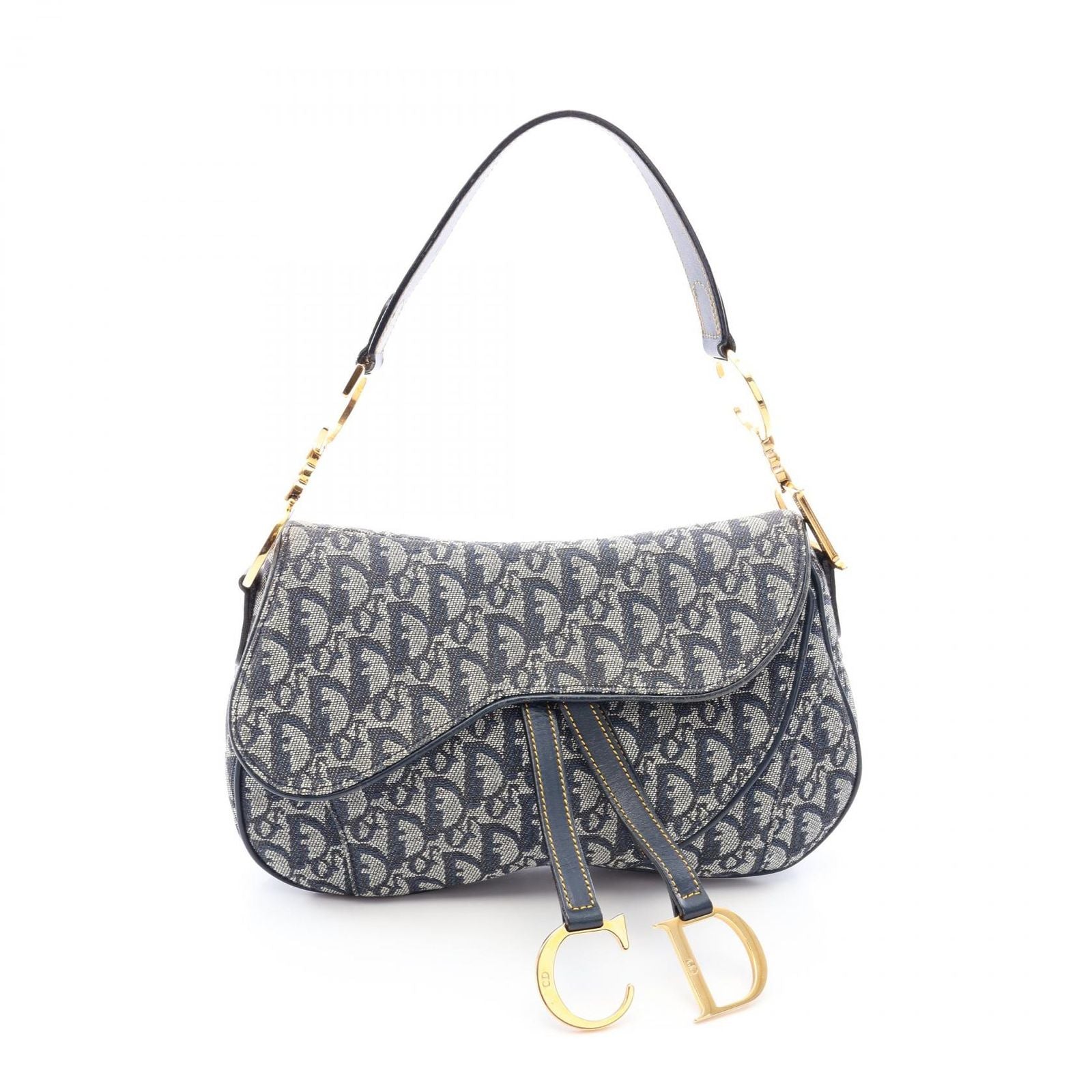 Dior Shoulder Bag Double Trotter Navy Canvas Leather