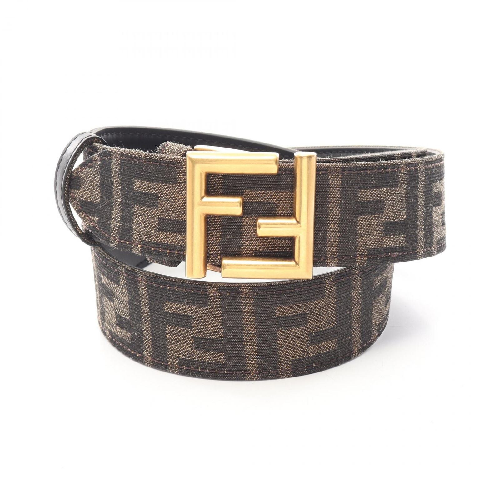 Fendi Belt FF Logo Buckle Gold Reversible Black Brown Canvas Leather
