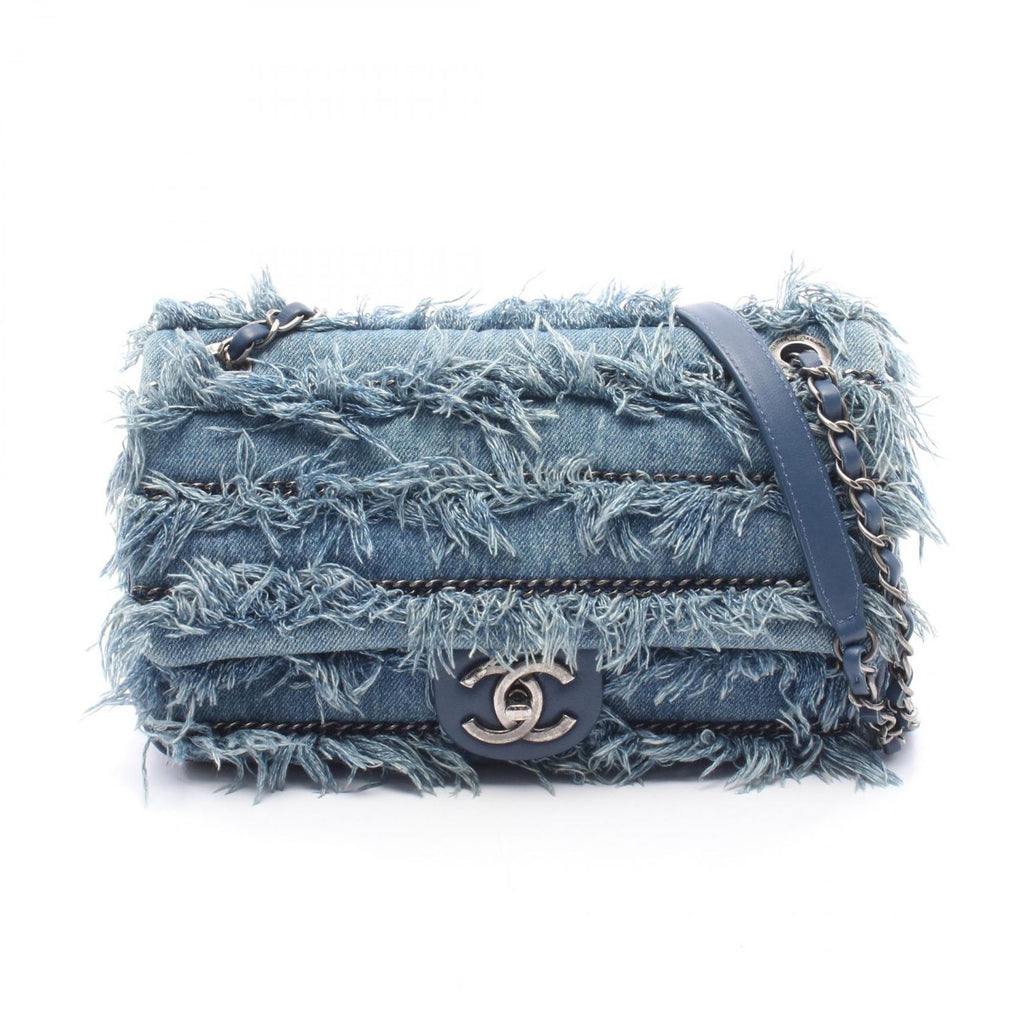 Chanel Shoulder Bag Denim Fringe Blue Chain
