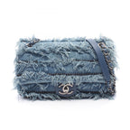 Chanel Shoulder Bag Denim Fringe Blue Chain