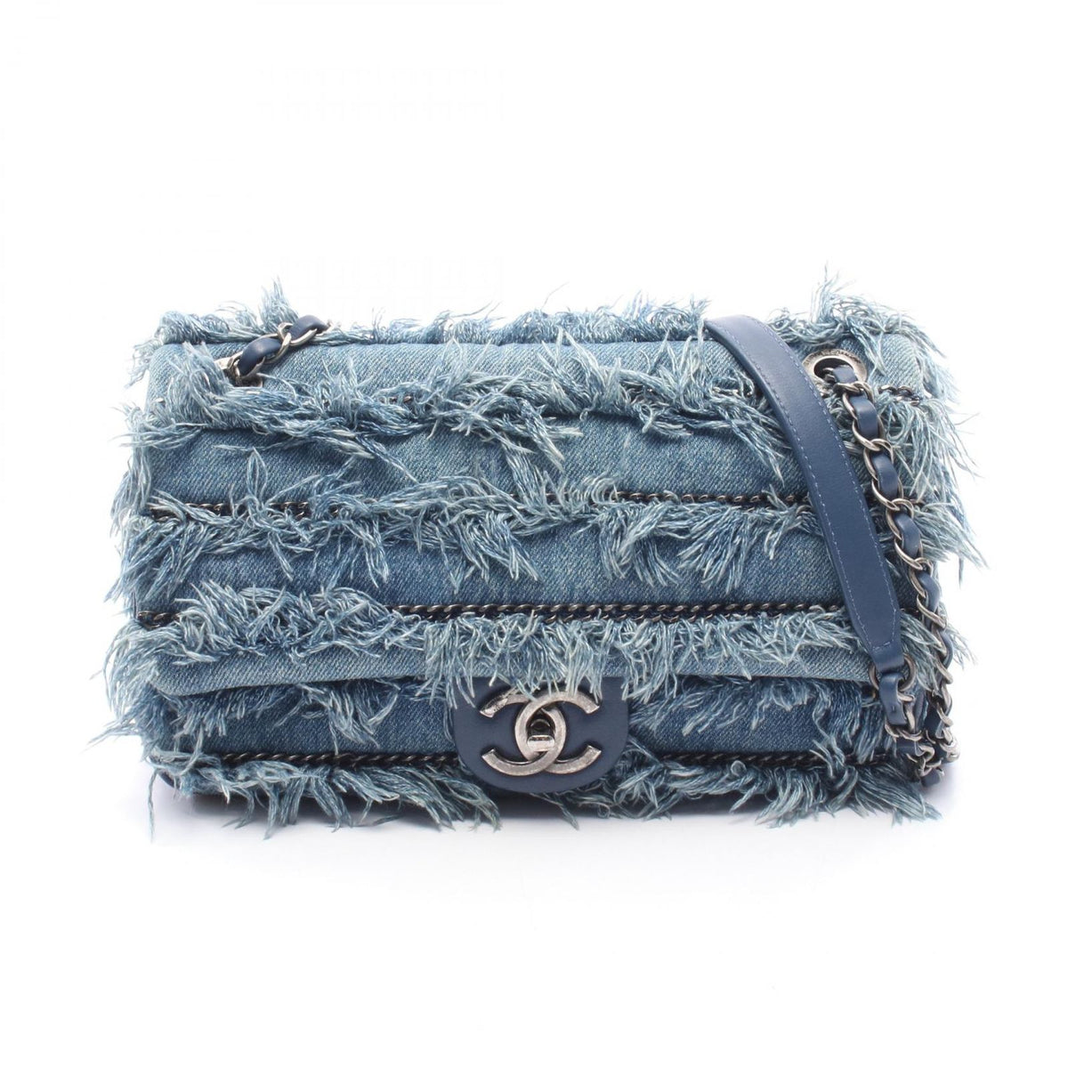 Chanel Shoulder Bag Denim Fringe Blue Chain