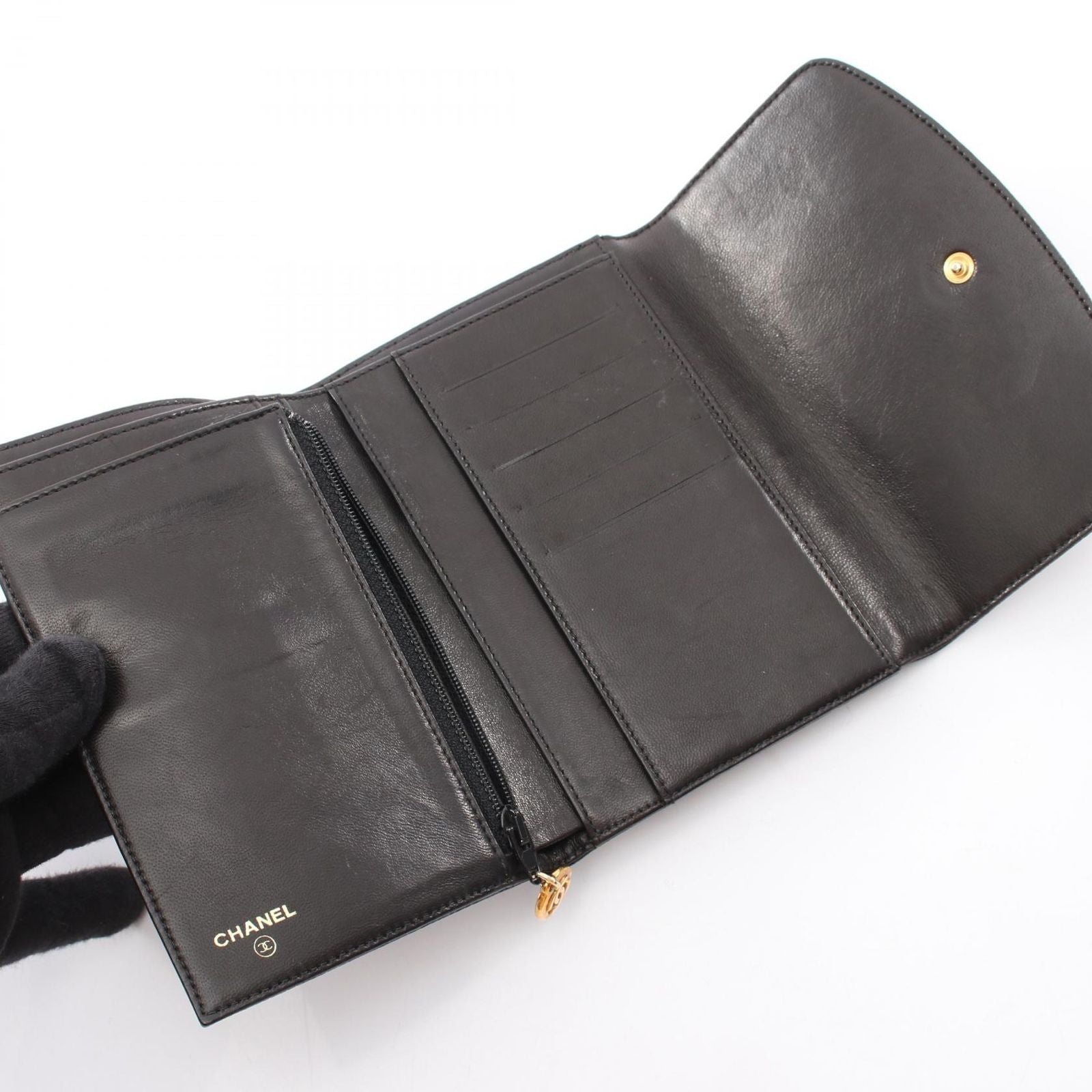 Chanel Trifold Wallet CC Logo Black Caviar Leather — view 3
