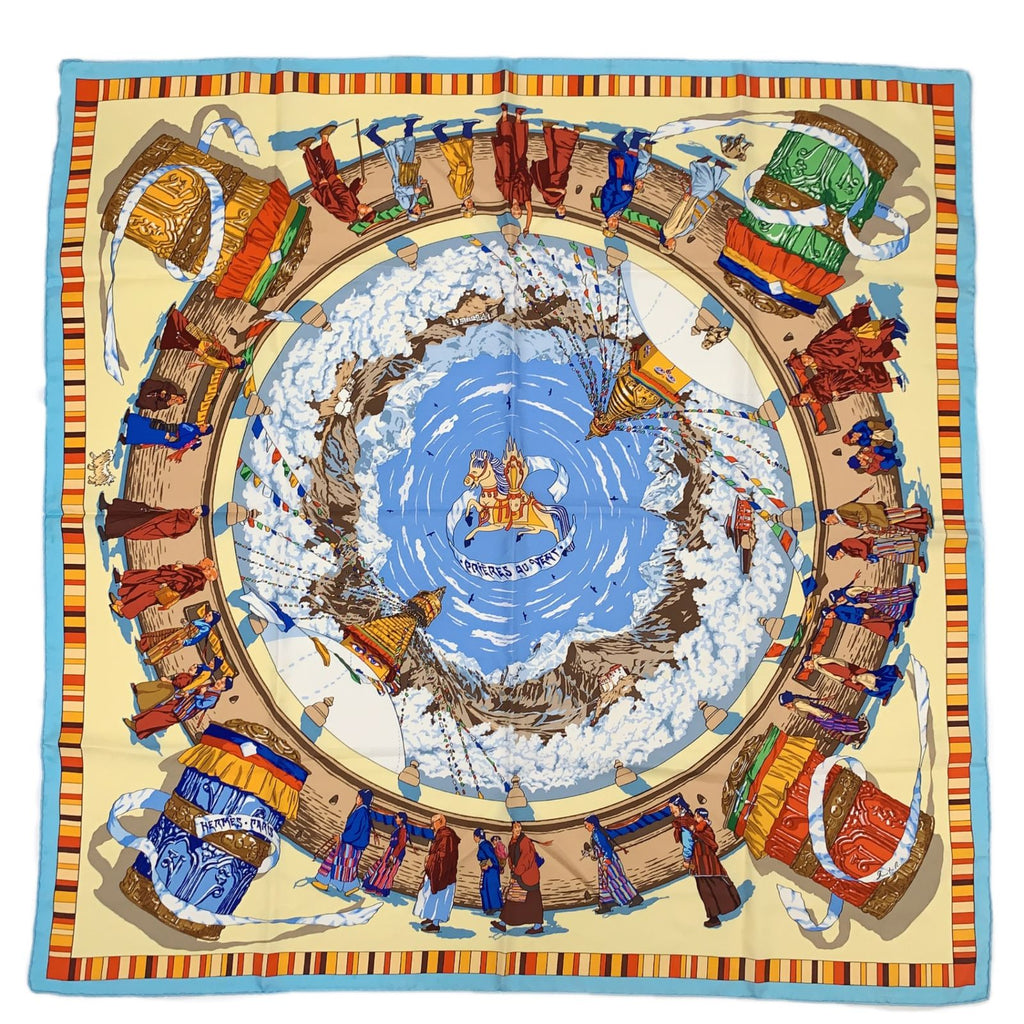 Hermes Carre 90 Prieres AU Vent Prayer in the Wind Blue Multicolor Scarf Silk