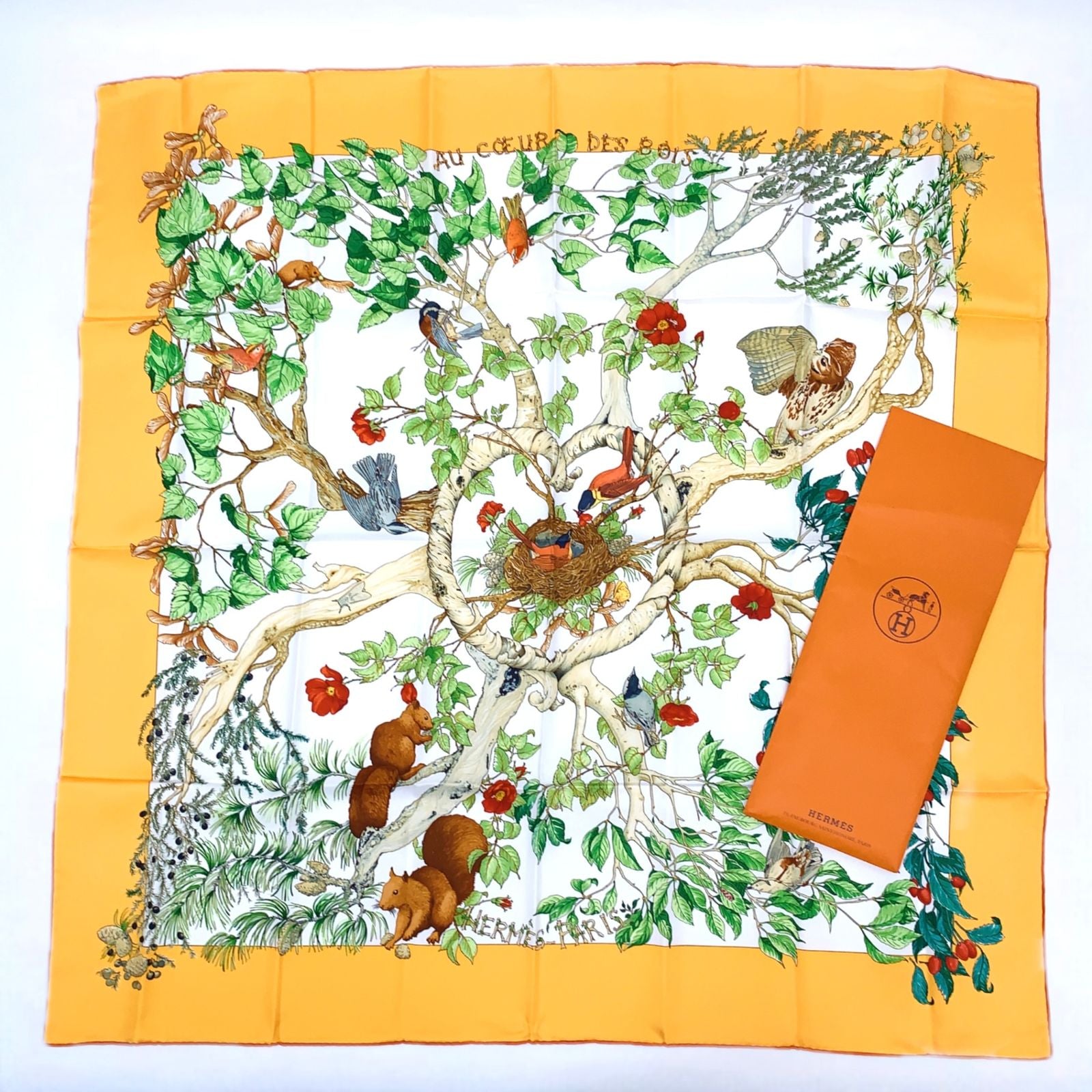 Hermes Carre 90 AU Coeur Des Bois in the Woods Orange Silk