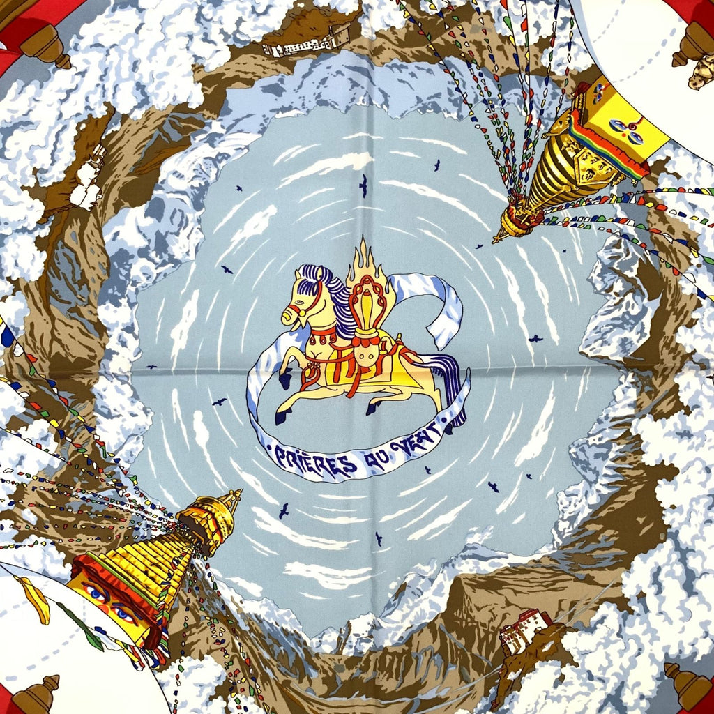 Hermes Carre 90 Prieres AU Vent Prayer in the Wind Silk Scarf Red Blue — view 6