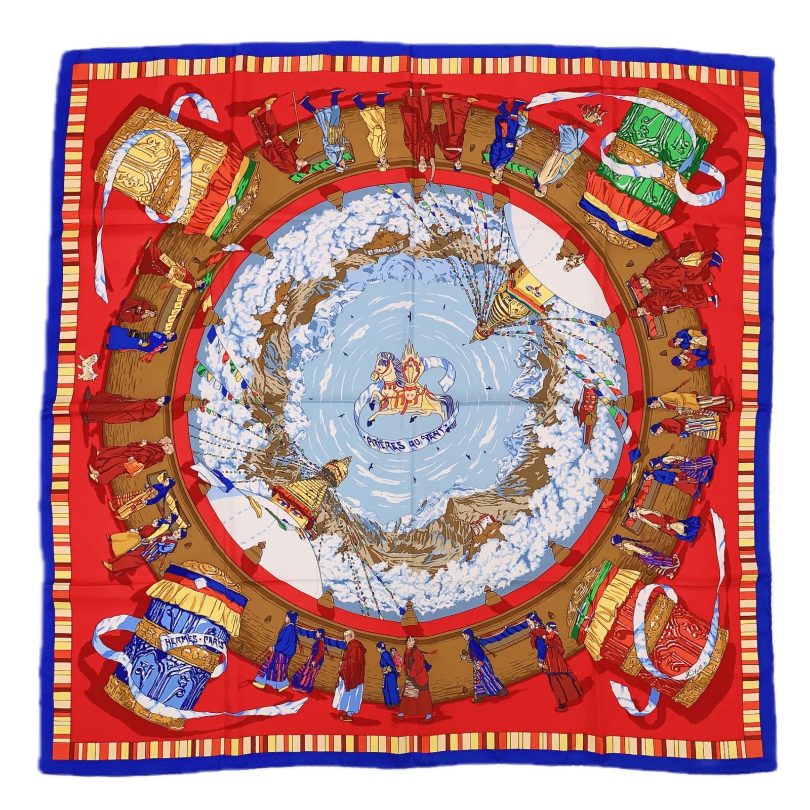 Hermes Carre 90 Prieres AU Vent Prayer in the Wind Silk Scarf Red Blue